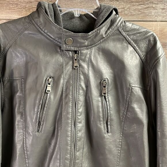 CARBON Women’s Hooded Faux Leather Riding Jacket Coat Dark Grey Size Large - Picture 4 of 11